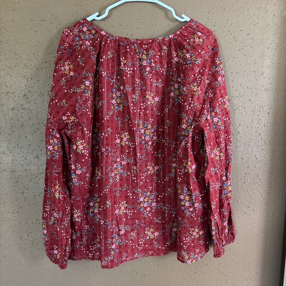 Style & Co Merlot Red Floral Metallic Stripe Tassel Peasant Blouse XL - Picture 4 of 7